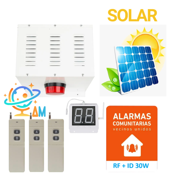Alarma Comunitaria Solar RF+Identificador 30W 120 dB + 3 Controles Remoto De Larga Distancia + Placas